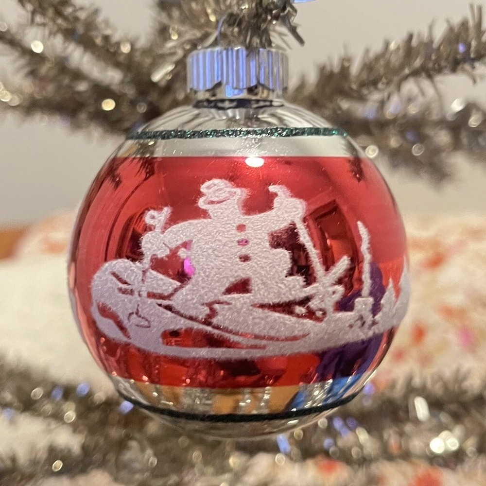 3" Radko Shiny Brite Stenciled‎ Flocked Ornament Skiing Winter Green Silver Red